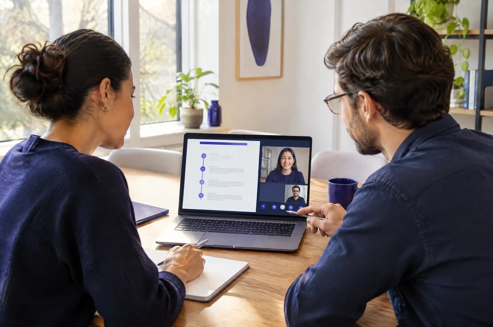 Deux professionnels suivent une démonstration en visioconférence autour d'un ordinateur portable
