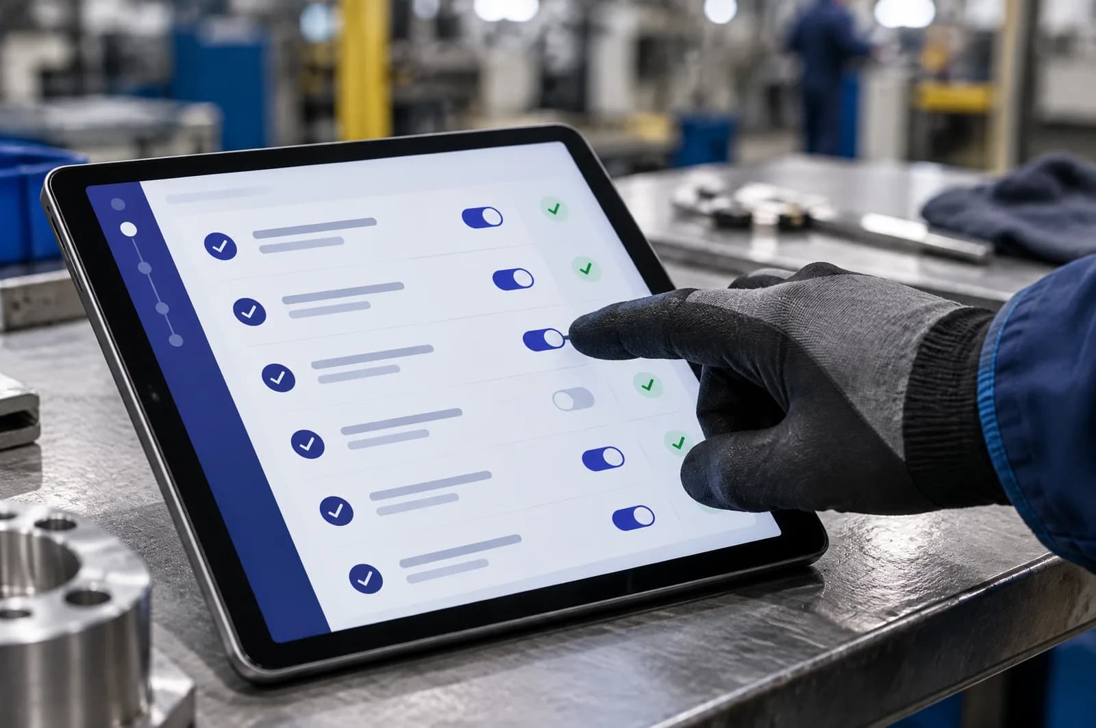 Une main gantée remplit une check-list numérique sur une tablette, dans un atelier