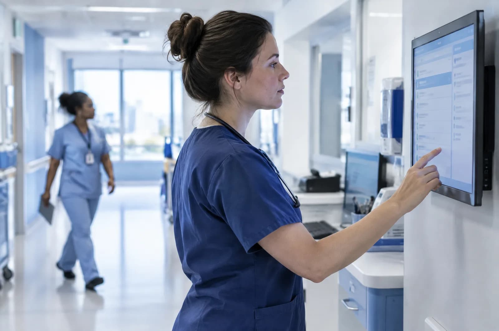 Une infirmière consulte un protocole de soins sur un écran mural dans un couloir d'hôpital