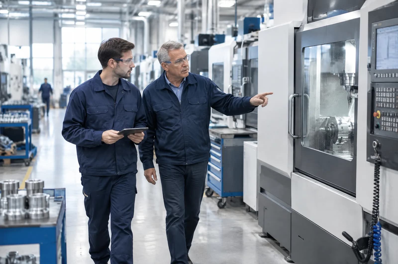 Deux ingénieurs qualité discutent d'une procédure devant une machine-outil dans un atelier moderne