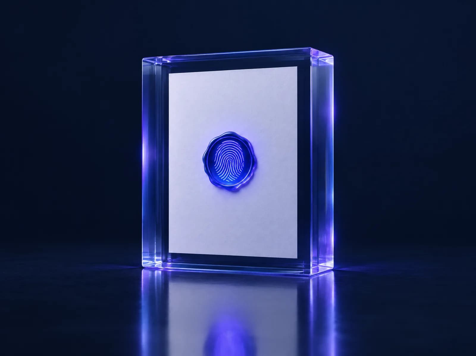 Un document scellé d'une empreinte lumineuse, enfermé dans un bloc de verre